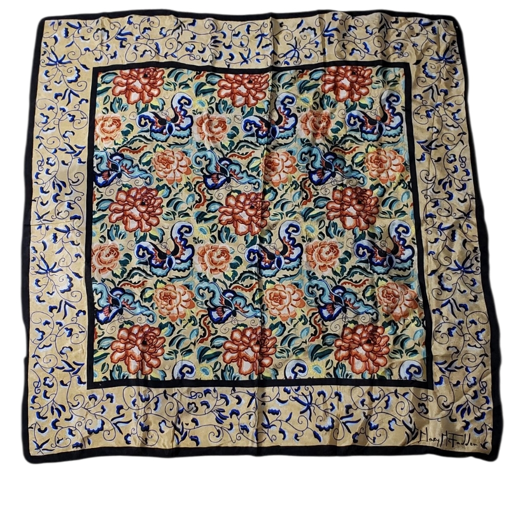 Vintage Mary McFadden Large Square Silk Chiffon Floral Scarf